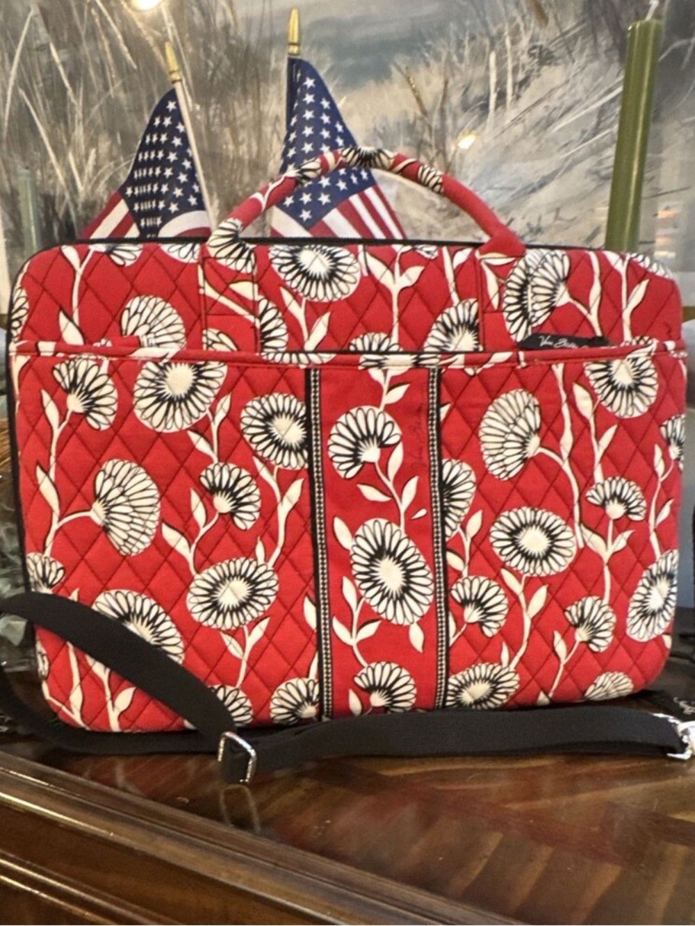 Vera Bradley Red Floral Quilted Laptop Bag with Black & White Accents